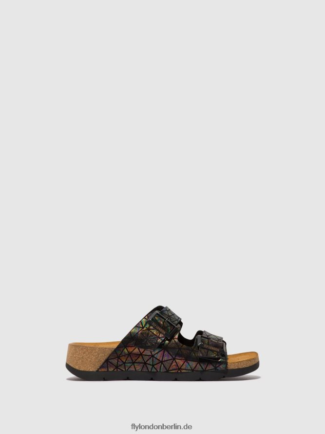 Frauen Fly London schwarzes Benzin Schnallensandalen caja721 DP8RD8500